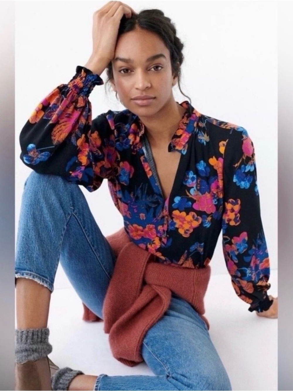 Maeve Anthropologie Floral V-Neck Long-Sleeve Top - Black with Multicolor XS